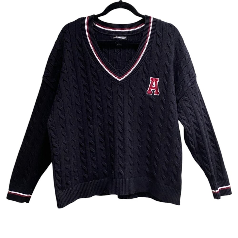 Cable Knit Varsity Letter Sweater Collegiate Blokecore Y2K Preppy Ivy League-L
